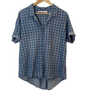 Standard Grace Americana Chambray Top Womens L Blue Star Print Button Down Shirt